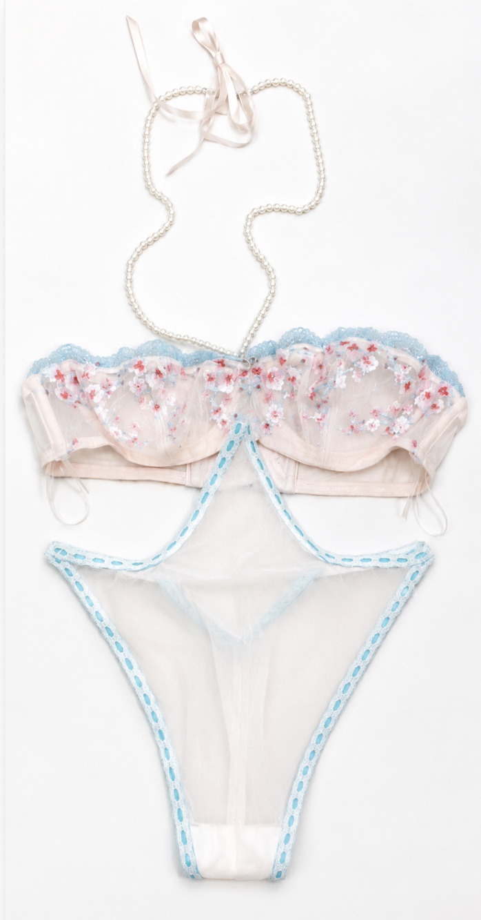 VICTORIA'S SECRET PINK CHERRY BLOSSOM EMBROIDERY PEARL HALTER TEDDY BODYSUIT XS